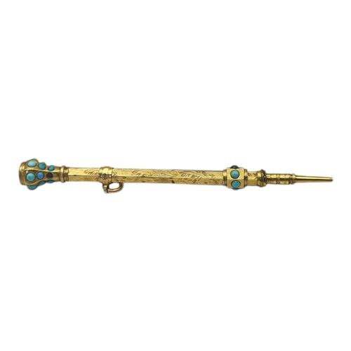 146 - A VICTORIAN YELLOW METAL, TURQUOISE AND AMETHYST PROPELLING PENCIL
Set with amethyst final and set w... 