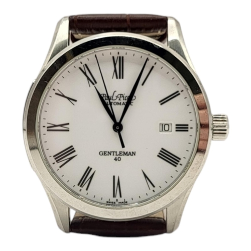 102 - PAUL PICOT, A STAINLESS STEEL GENT’S AUTOMATIC WRISTWATCH
The circular white dial with calendar wind... 