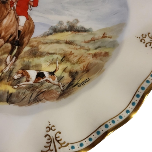 193 - ROYAL CROWN DERBY, A PAIR OF BONE CHINA CABINET PLATES
Hunting scene, both signed 'C.M. Pell', centr... 