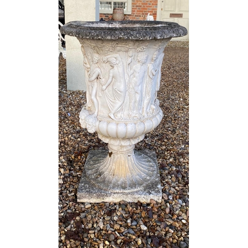 345 - A LARGE CAST STONE ‘MEDICI GREEK URN’ GARDEN PLANT POT
Continuous classical figural scene with mask ... 