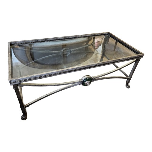 330 - AN ART DECO, EMPIRE REVIVAL SILVER BRASS COFFEE TABLE
With clear glass inset above central lion mask... 