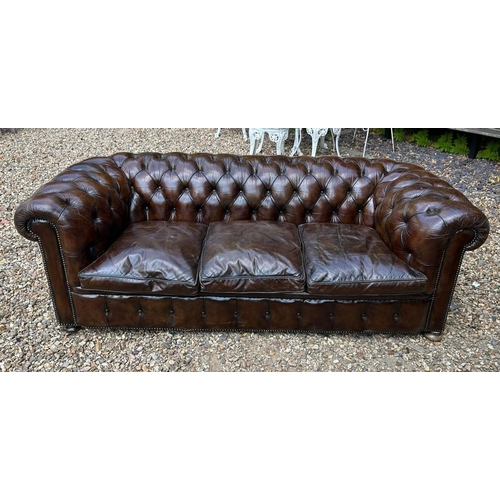 334 - A VINTAGE CIGAR BROWN LEATHER CHESTERFIELD SETTEE
with button back and loose cushions, on bun feet.
... 