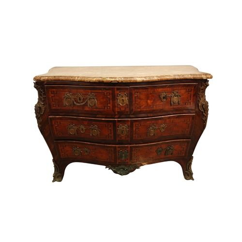 335 - AN 18TH CENTURY BALTIC BOMBE COMMODE
in rosewood and kingwood with gilt brass mounts, the red marble... 