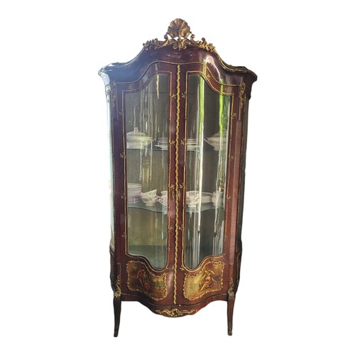 341 - A 19TH CENTURY FINE FRENCH MAHOGANY AND GILT BRONZE MOUNTED VITRINE
With shell cartouche above two d... 