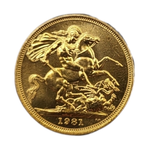 1 - A VINTAGE 22CT GOLD ROYAL COMMEMORATIVE FULL SOVEREIGN COIN, DATED 1981 
To celebrate The Royal Wedd... 