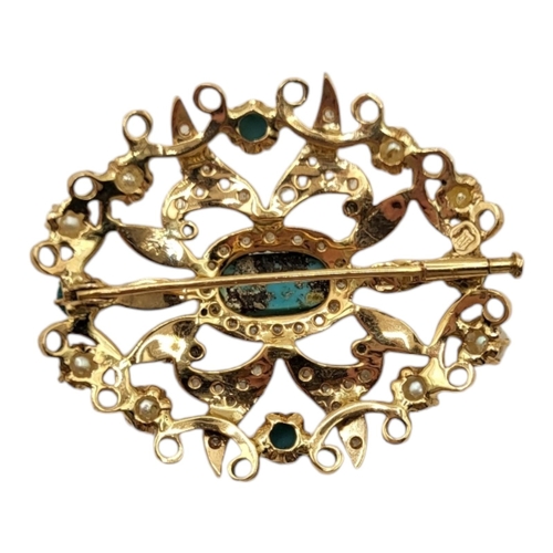 11 - A VINTAGE 14CT GOLD, TURQUOISE, DIAMOND AND SEED PEARL BROOCH
The central cabochon cut turquoise sto... 