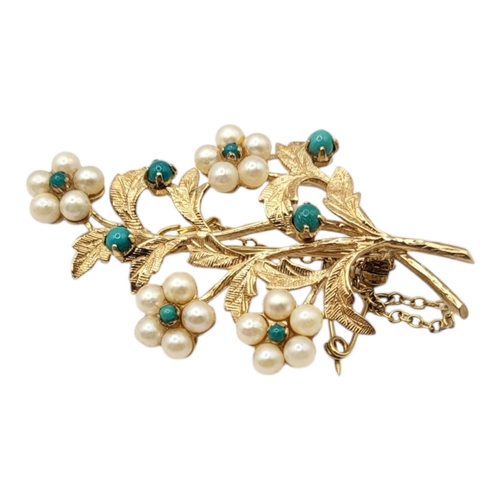 12 - A VINTAGE 9CT GOLD, TURQUOISE AND PEARL BROOCH
Having an arrangement of stones forming a floral bouq... 