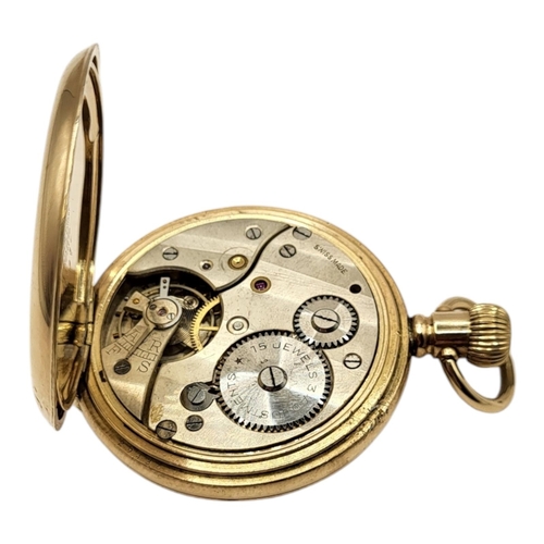 49 - AN EARLY 20TH CENTURY GOLD PLATED GENTS DEMI HUNTER GENT’S POCKET WATCH
Having a glass aperture, sub... 