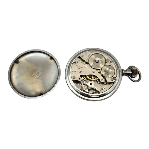 57 - WALTHAM, AN EARLY 20TH CENTURY WHITE METAL POCKET WATCH
Black tone military design dial with subsidi... 