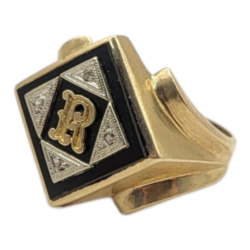 6 - A VINTAGE 10CT GOLD, DIAMOND AND ONYX SIGNET RING
The square black onyx set with an initial ‘R’ edge... 