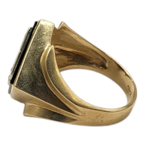 6 - A VINTAGE 10CT GOLD, DIAMOND AND ONYX SIGNET RING
The square black onyx set with an initial ‘R’ edge... 