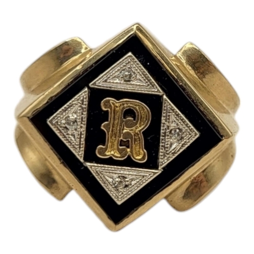 6 - A VINTAGE 10CT GOLD, DIAMOND AND ONYX SIGNET RING
The square black onyx set with an initial ‘R’ edge... 