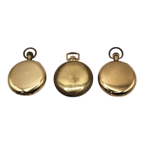 63 - A COLLECTION OF THREE EARLY 20TH CENTURY GOLD PLATED OPEN FACE GENT’S POCKET WATCHES
To include an E... 