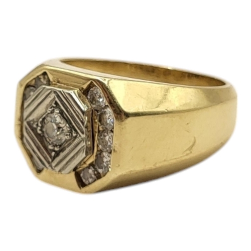 7 - A VINTAGE 14CT GOLD AND DIAMOND GENT’S SIGNET RING
The central round cut diamond edged with diamonds... 