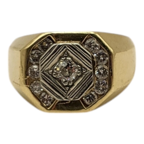 7 - A VINTAGE 14CT GOLD AND DIAMOND GENT’S SIGNET RING
The central round cut diamond edged with diamonds... 