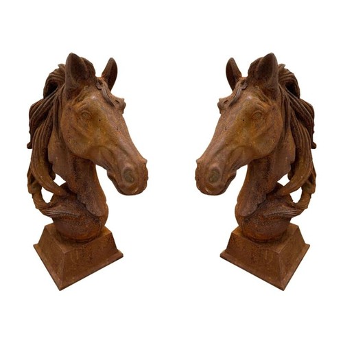 251 - A PAIR OF CAST IRON HORSES HEAD SCULPTURES
On plinth bases.
(18cm x 31cm x 45cm)


Condition: good o... 