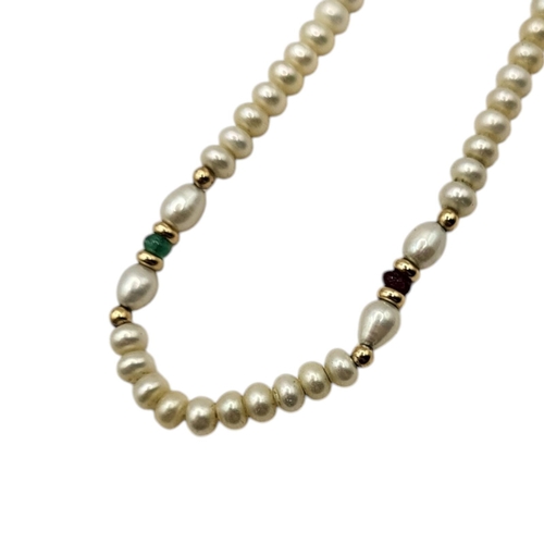 16 - A VINTAGE 9CT GOLD AND GEM SET PEARL NECKLACE
Having row of pearls interspersed with round cut stone... 