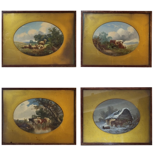 390 - A SET OF FOUR 19TH CENTURY OIL ON CARD LANDSCAPES
To include a pair with cattle and a winter scene w... 