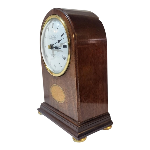 394 - KNIGHT GIBBONS, LONDON, A 20TH CENTURY MAHOGANY INLAID MANTLE CLOCK 
Dome form vase with inlaid shel... 