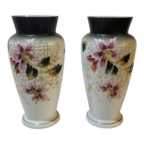 395 - A PAIR OF VICTORIAN OPALINE GLASS VASES
Tapering form with hand painted floral decoration.
(approx 3... 