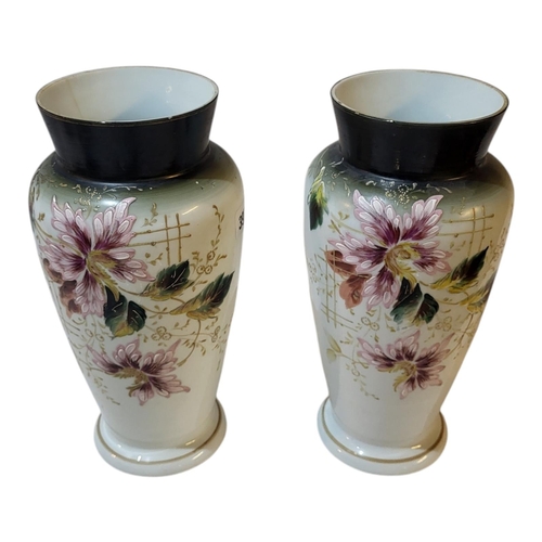 395 - A PAIR OF VICTORIAN OPALINE GLASS VASES
Tapering form with hand painted floral decoration.
(approx 3... 