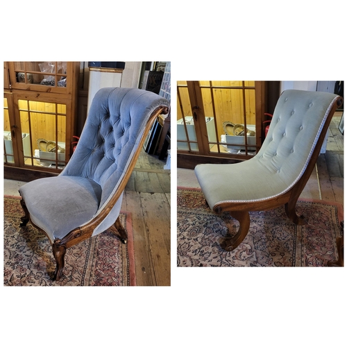 396 - A VICTORIAN WALNUT BUTTON BACK NURSING CHAIR
Having scrolled frame and grey velvet upholstery, toget... 