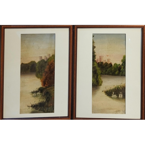 399 - A PAIR OF EARLY 20TH CENTURY OIL ON BOARD LANDSCAPES
Views of a castle near a river with swans, sign... 