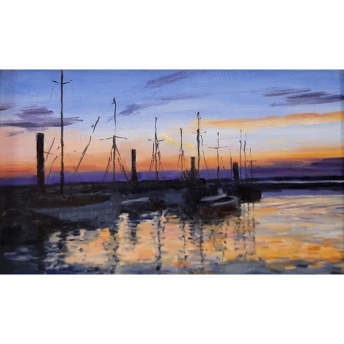 414 - MICHAEL WORTHINGTON, A 20TH CENTURY OIL ON BOARD HARBOUR SCENE
Sailing boats at sunset,in cushion fr... 