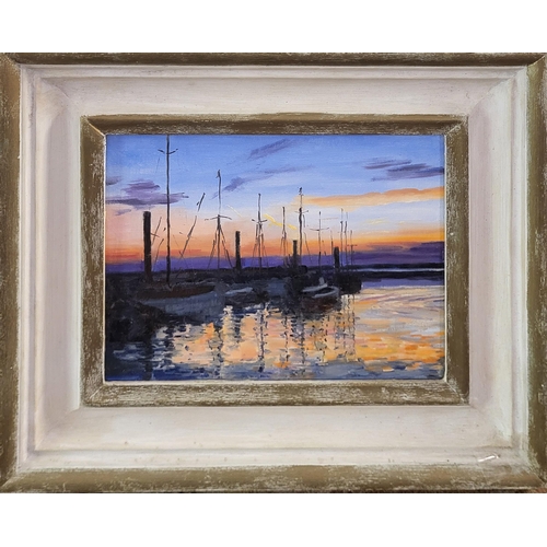 414 - MICHAEL WORTHINGTON, A 20TH CENTURY OIL ON BOARD HARBOUR SCENE
Sailing boats at sunset,in cushion fr... 