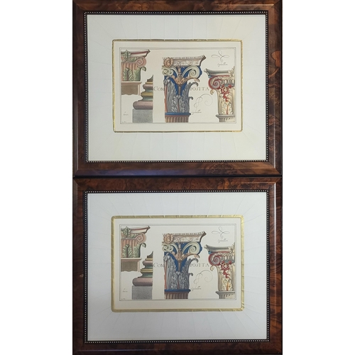 69 - A PAIR OF COLOURED PRINTS ARCHITECTURAL DESIGNS
Gilt and cream mounted, walnut framed and glazed. 
(... 