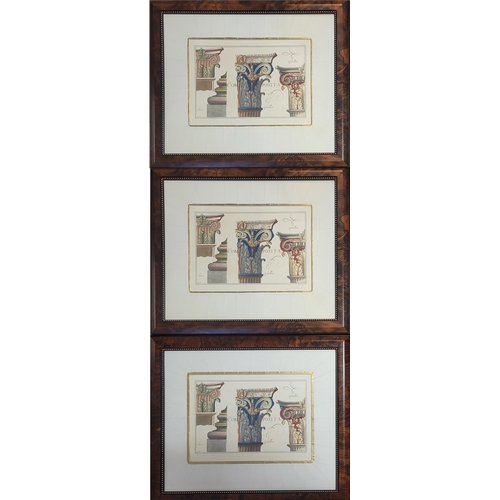 79 - A SET OF THREE COLOURED PRINTS ARCHITECTURAL DESIGNS 
Gilt and cream mounted, walnut framed and glaz... 