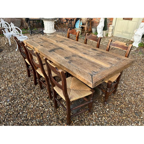 405 - A SET OF SIX VICTORIAN MAHOGANY BAR BACK DINING CHAIRS AND LATER REFECTORY TABLE
Raised on trestle s... 