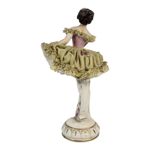 106 - A VOLKSTEDT PORZELLAN FABRIK OF THURINGIA HARD PASTE PORCELAIN MODEL OF CRINOLINE DANCING BALLERINA,... 