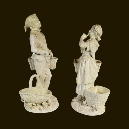 112 - STAFFORDSHIRE, A PAIR OF FINE 19TH CENTURY MINTON STYLE BLANC DE CHINE PORCELAIN FIGURES, GARDENER A... 