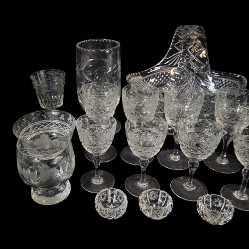 132 - A COLLECTION OF EARLY 20TH CENTURY CUT LEAD CRYSTAL GLASS
Comprising a sweetmeat basket, six champag... 