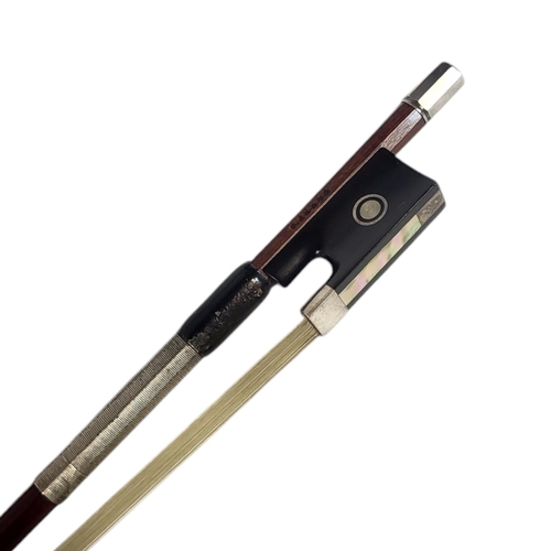 154 - SAMUEL ALLEN, VIOLIN BOW
white metal mounts, hexagonal stick, ebony and mother of pearl frog, stampe... 
