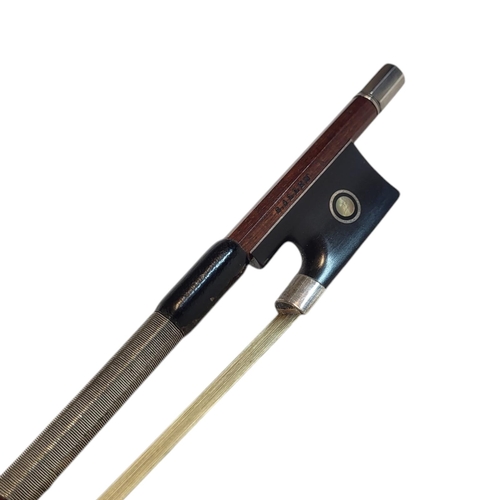 154 - SAMUEL ALLEN, VIOLIN BOW
white metal mounts, hexagonal stick, ebony and mother of pearl frog, stampe... 