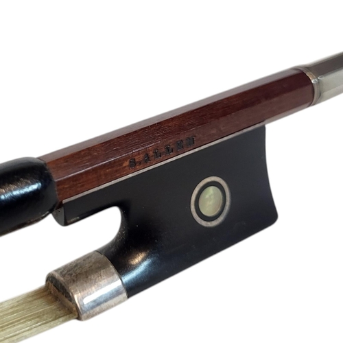 154 - SAMUEL ALLEN, VIOLIN BOW
white metal mounts, hexagonal stick, ebony and mother of pearl frog, stampe... 