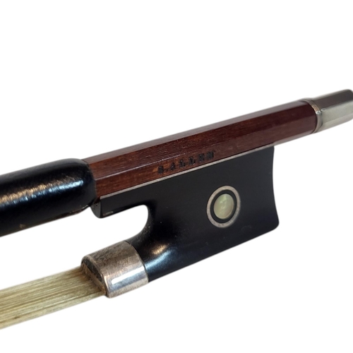 154 - SAMUEL ALLEN, VIOLIN BOW
white metal mounts, hexagonal stick, ebony and mother of pearl frog, stampe... 