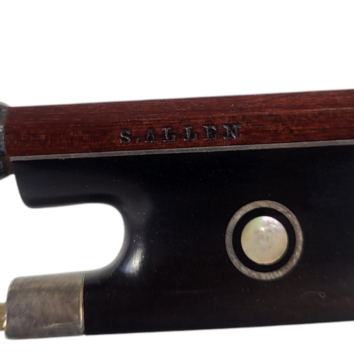 154 - SAMUEL ALLEN, VIOLIN BOW
white metal mounts, hexagonal stick, ebony and mother of pearl frog, stampe... 