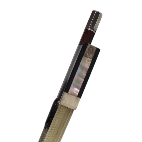 154 - SAMUEL ALLEN, VIOLIN BOW
white metal mounts, hexagonal stick, ebony and mother of pearl frog, stampe... 