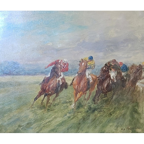 2 - EUGENE PECHAUBER, 1890 - 1967, A PAIR OF OIL ON BOARD HORSE RACING SCENES
Opposing views including a... 