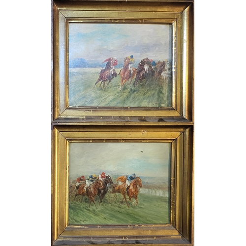 2 - EUGENE PECHAUBER, 1890 - 1967, A PAIR OF OIL ON BOARD HORSE RACING SCENES
Opposing views including a... 