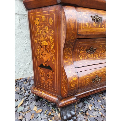 301 - A 19TH CENTURY DUTCH WALNUT AND FLORAL MARQUETRY INLAID DISPLAY CABINET ON BOMBE CHEST
The central c... 