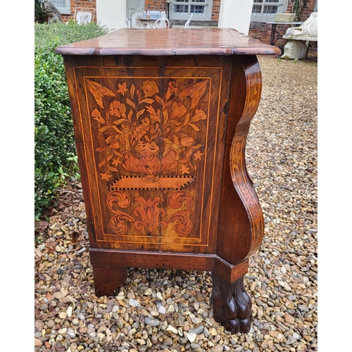 302 - A 19TH CENTURY DUTCH WALNUT AND FLORAL MARQUETRY INLAID BOMBE CHEST
The cartouche top above three lo... 