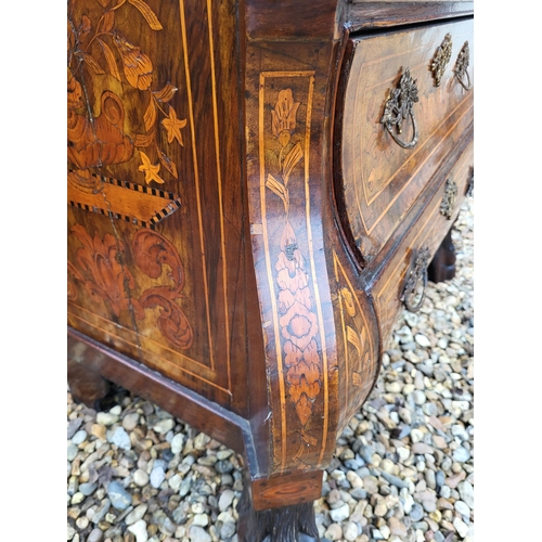 302 - A 19TH CENTURY DUTCH WALNUT AND FLORAL MARQUETRY INLAID BOMBE CHEST
The cartouche top above three lo... 