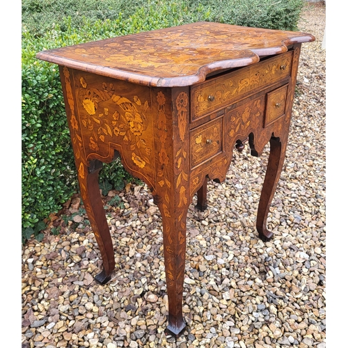 303 - AN 18TH/19TH CENTURY DUTCH WALNUT AND FLORAL MARQUETRY INLAID LOWBOY
With cartouche top above an arr... 