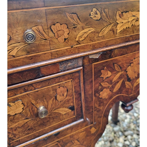 303 - AN 18TH/19TH CENTURY DUTCH WALNUT AND FLORAL MARQUETRY INLAID LOWBOY
With cartouche top above an arr... 