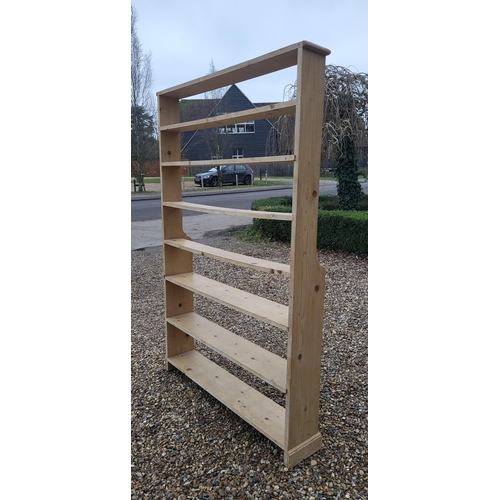 306 - A 19TH CENTURY PINE FLOOR STANDING WATERFALL BOOKCASE
With seven narrow shelves, on a plinth base.
(... 