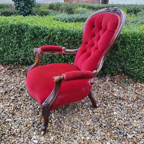 312 - A VICTORIAN MAHOGANY SPOON BACK OPEN ARMCHAIR
In red velvet button back upholstery and scroll arms, ... 